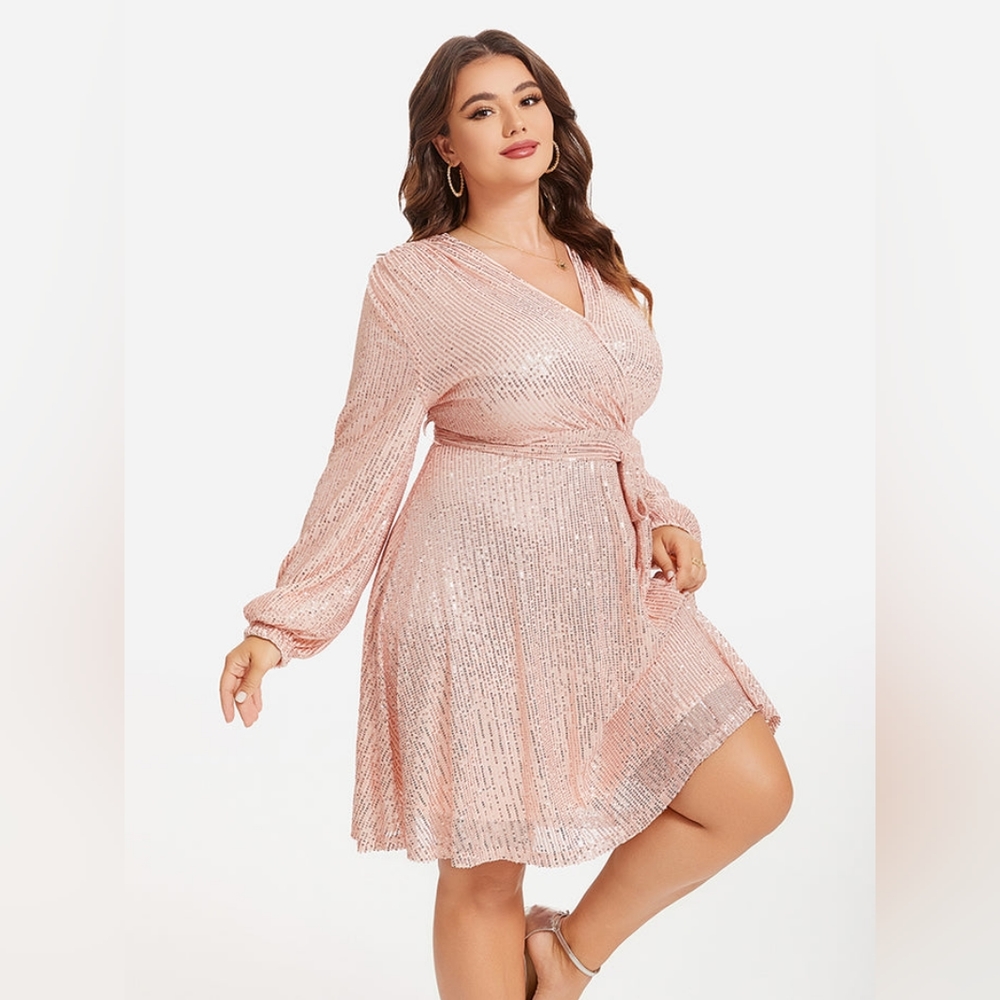 V-Neck Lantern Sleeve Belted Sequin Dress